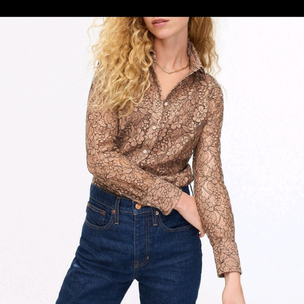 NWOT J. Crew Shirt Green Classic-Fit Lace Button-Up Long Sleeve Olive Size 2 #56